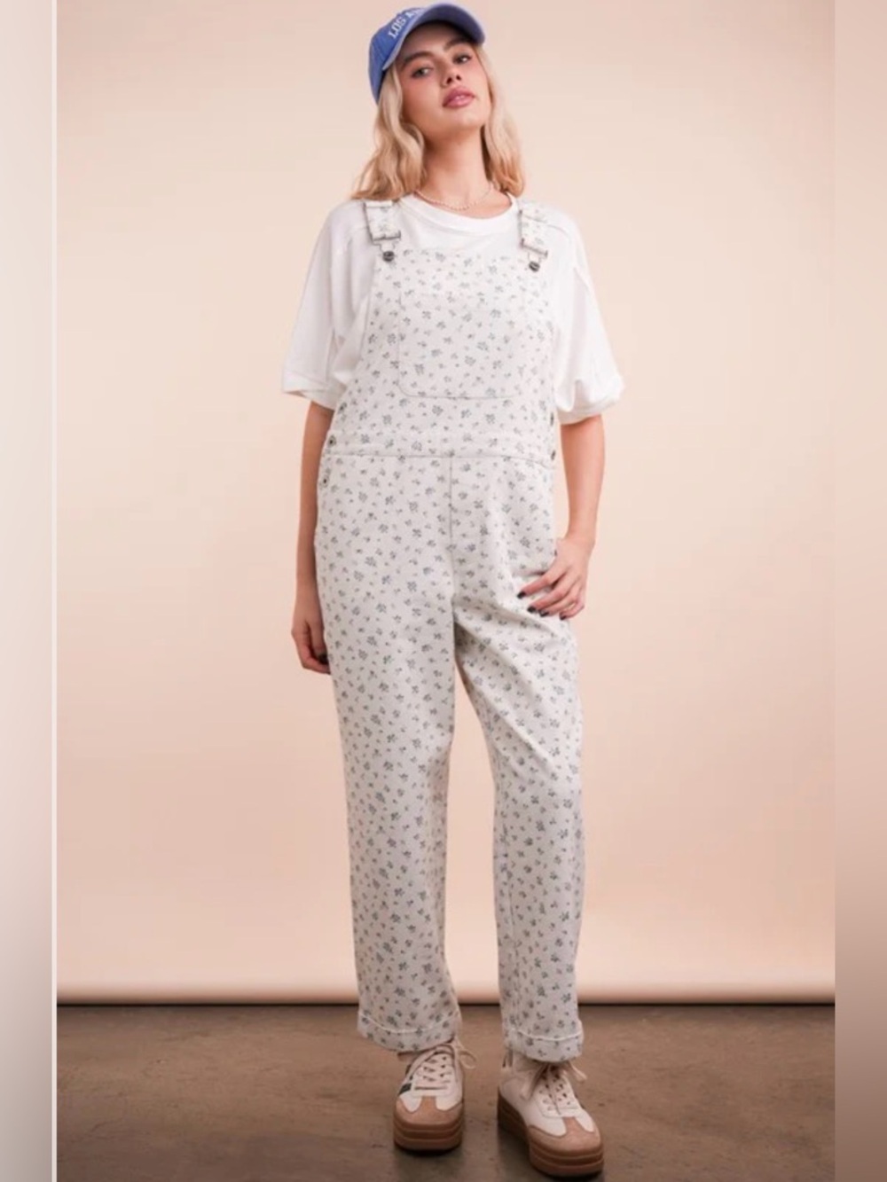 215. White blue Floral Print Overalls